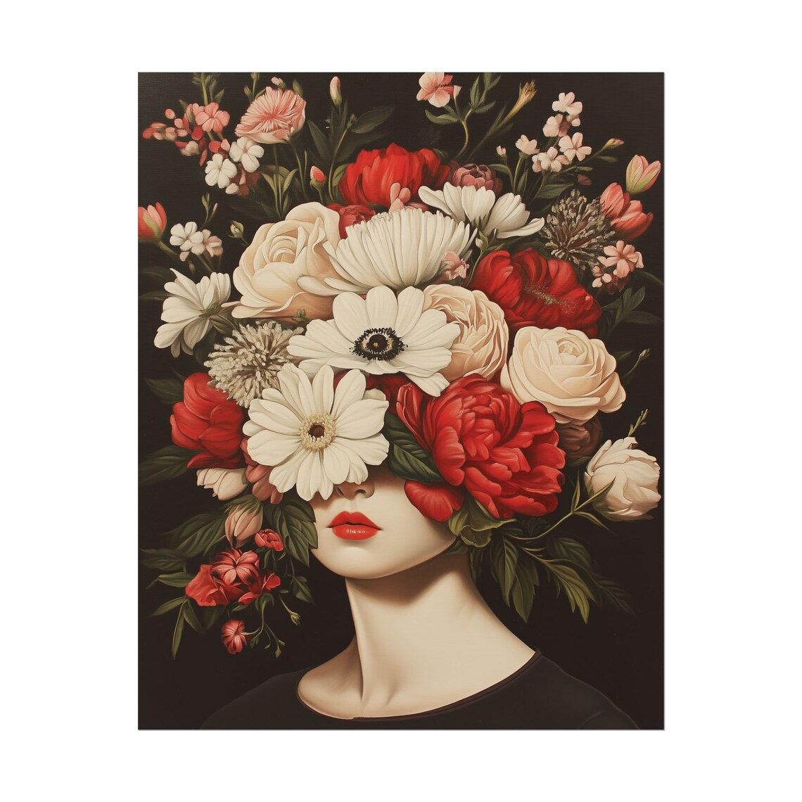 Woman Flower Head Surreal Portrait Dark Floral Maximalist Art Poster - Image 2