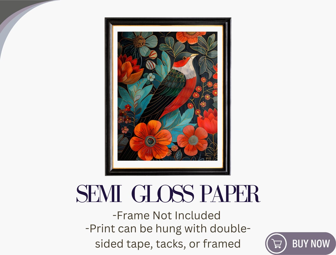 Red Breasted Bird Klimt Style Illustration Dark Floral Maximalist Poster - Image 6