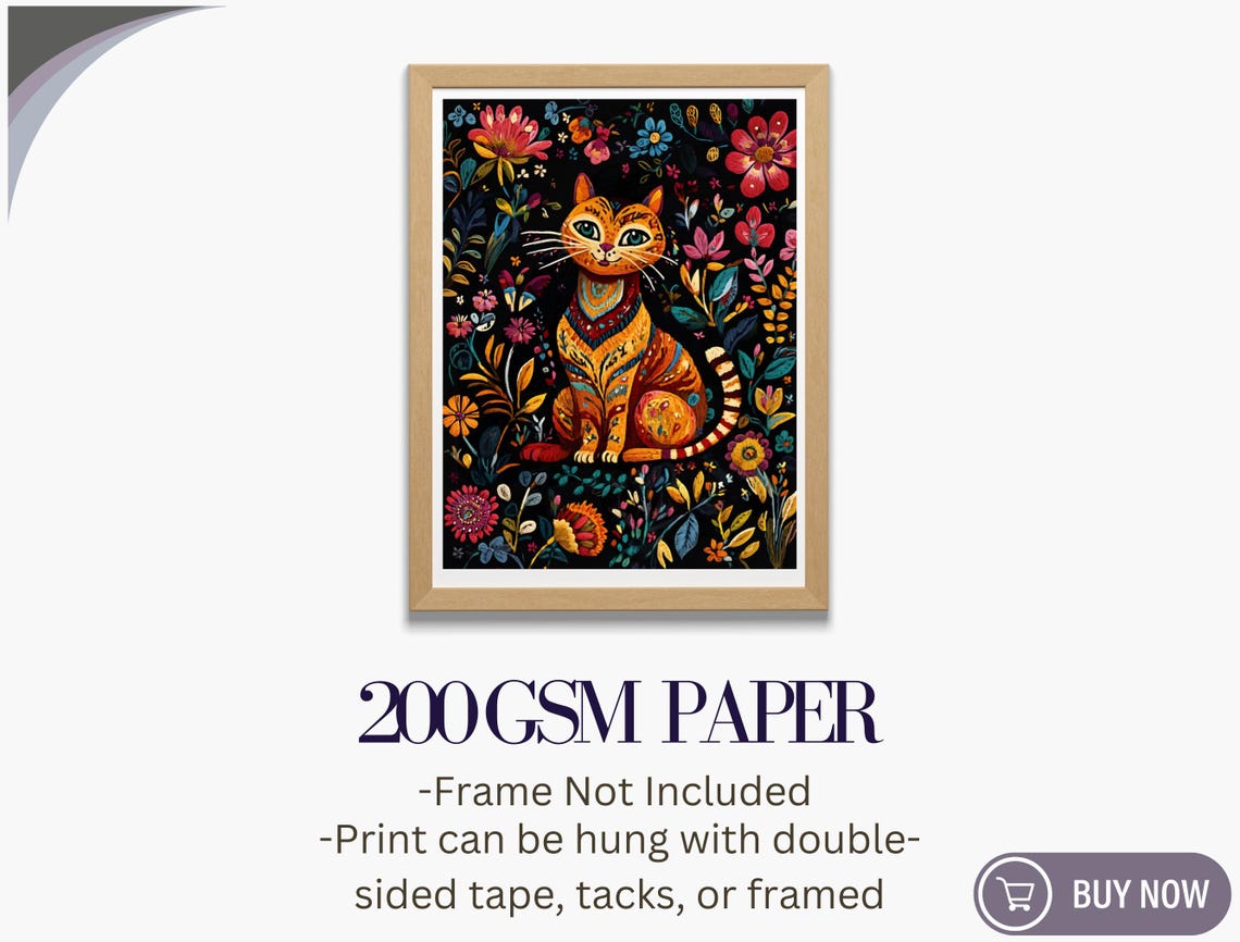 Orange Tabby Cat Folk Art Colorful Floral Dark Background Print - Image 5