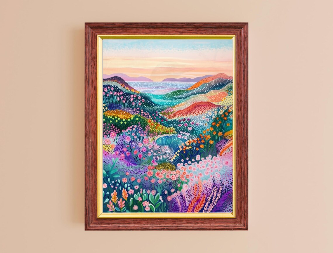 Wildflower Valley Sunset Abstract Colorful Pointillist Art Poster - Image 2