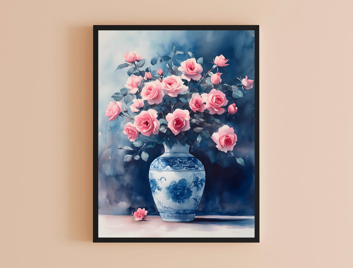 Pink Roses Blue White Chinoiserie Vase Watercolor Floral Art Poster