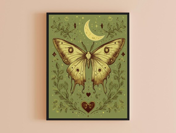 Luna Moth Moon Stars Sage Green Witchy Cottagecore Print Poster