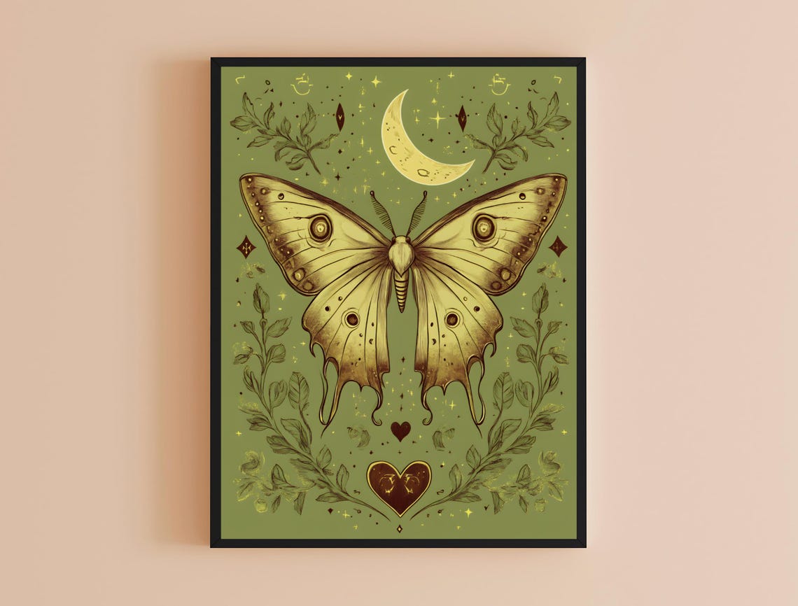 Luna Moth Moon Stars Sage Green Witchy Cottagecore Print Poster