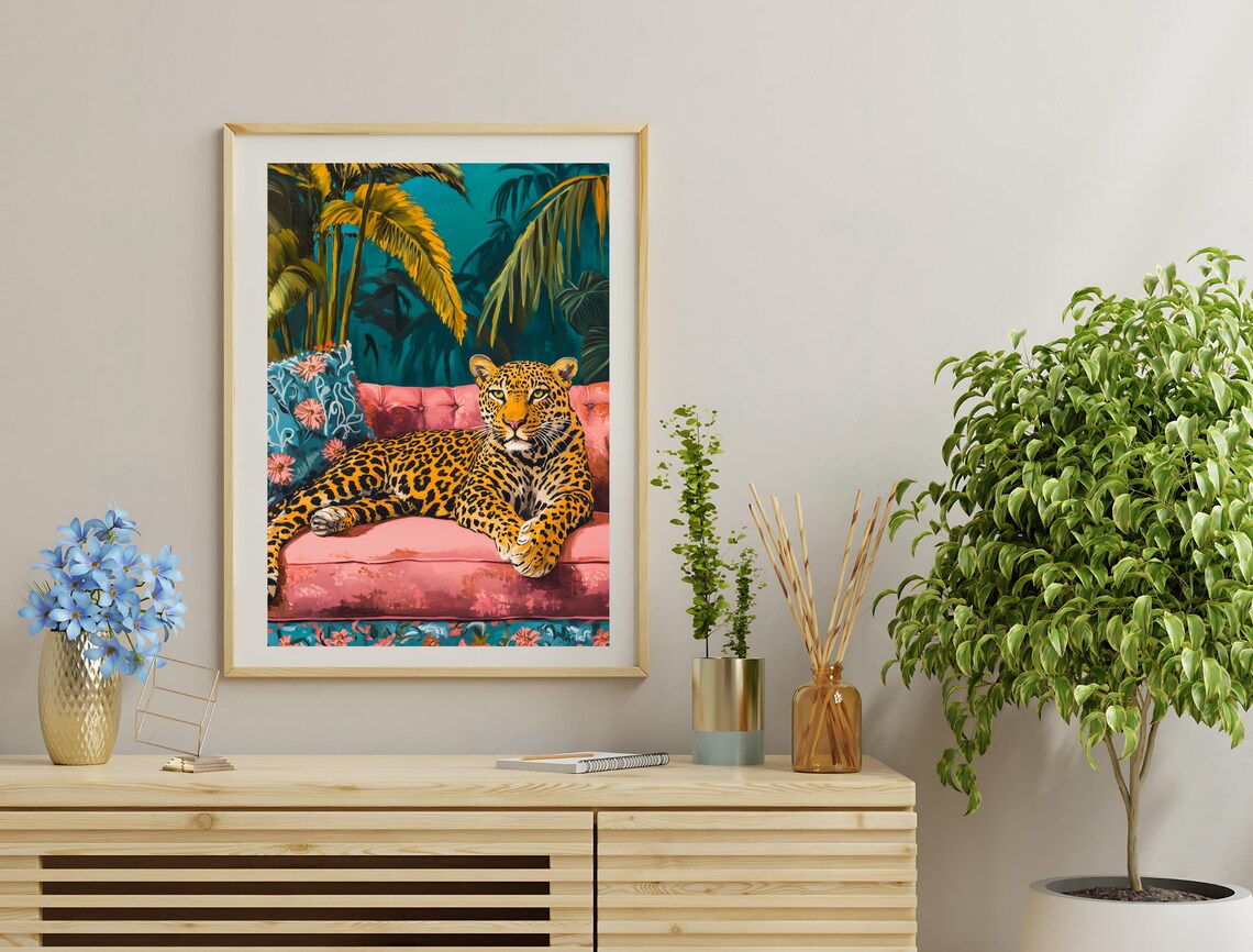 Leopard Lounging Pink Velvet Couch Tropical Palms Maximalist Jungle Animal Art Print - Image 4