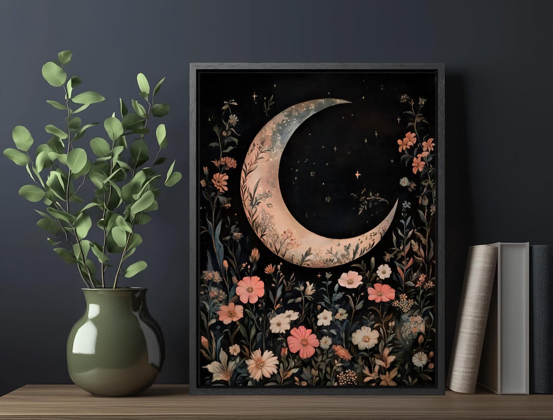 Crescent Moon Pink Wildflowers Starry Night Moody Botanical Wall Art - Image 5