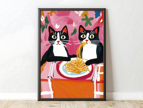 Cat Eating Spaghetti Print Cute Quirky Cat Art Retro Foodie Kitchen Wall Art Colorful Bistro Decor Pasta Poster