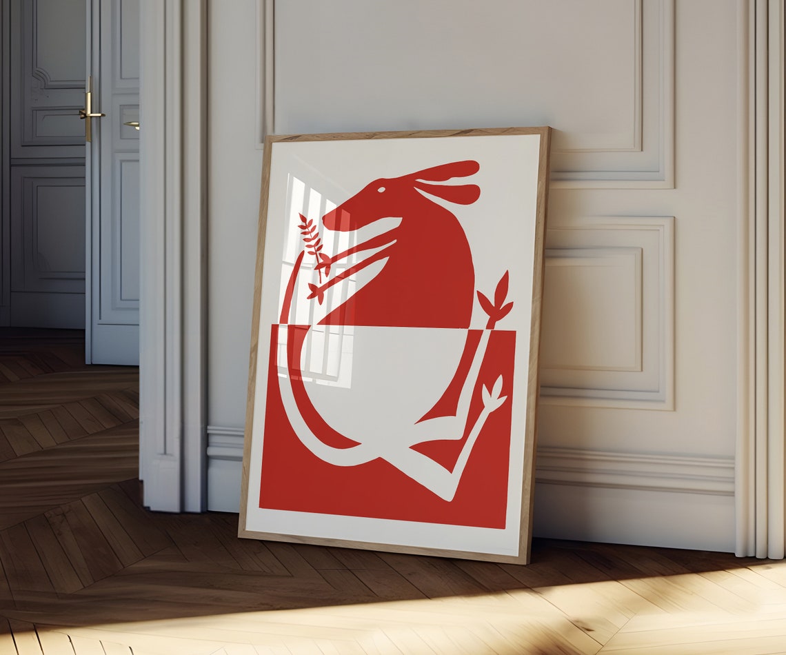 Red Wall Art Unique Red Print Illustration Linocut Art Funky Wall Art Exhibition Wall Art Rabbit Wall Art Extra Large Red Poster - Image 2