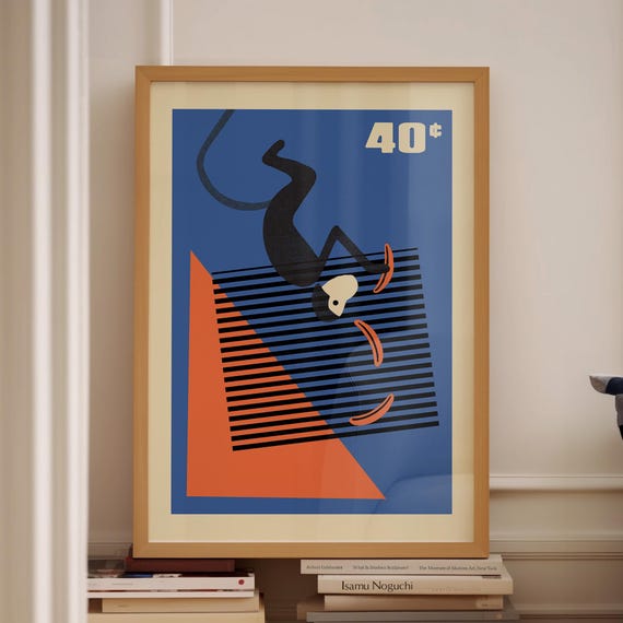 Monkey Wall Art Blue And Orange Wall Art Funky Wall Art Hand Illustrated Funky Art Apartment Decor Trendy Wall Art Unique Wall