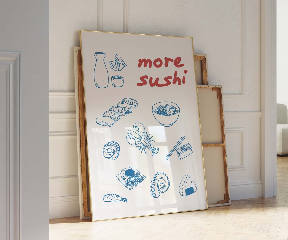 More Sushi Blue Line Art Japanese Food Sketch Kitchen Wall Poster