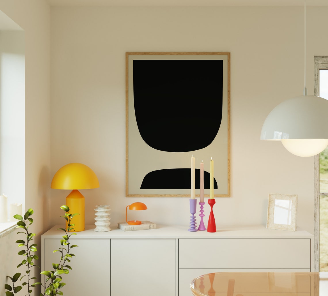 Bold Black Abstract Shape Cream Background Mid Century Poster - Image 2