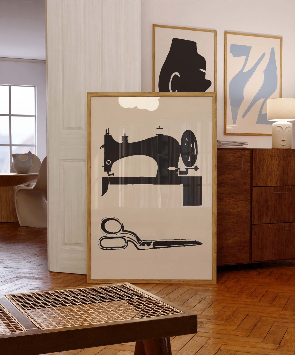Black Beige Sewing Machine Scissors Craft Room Poster Wall Decor Art - Image 3