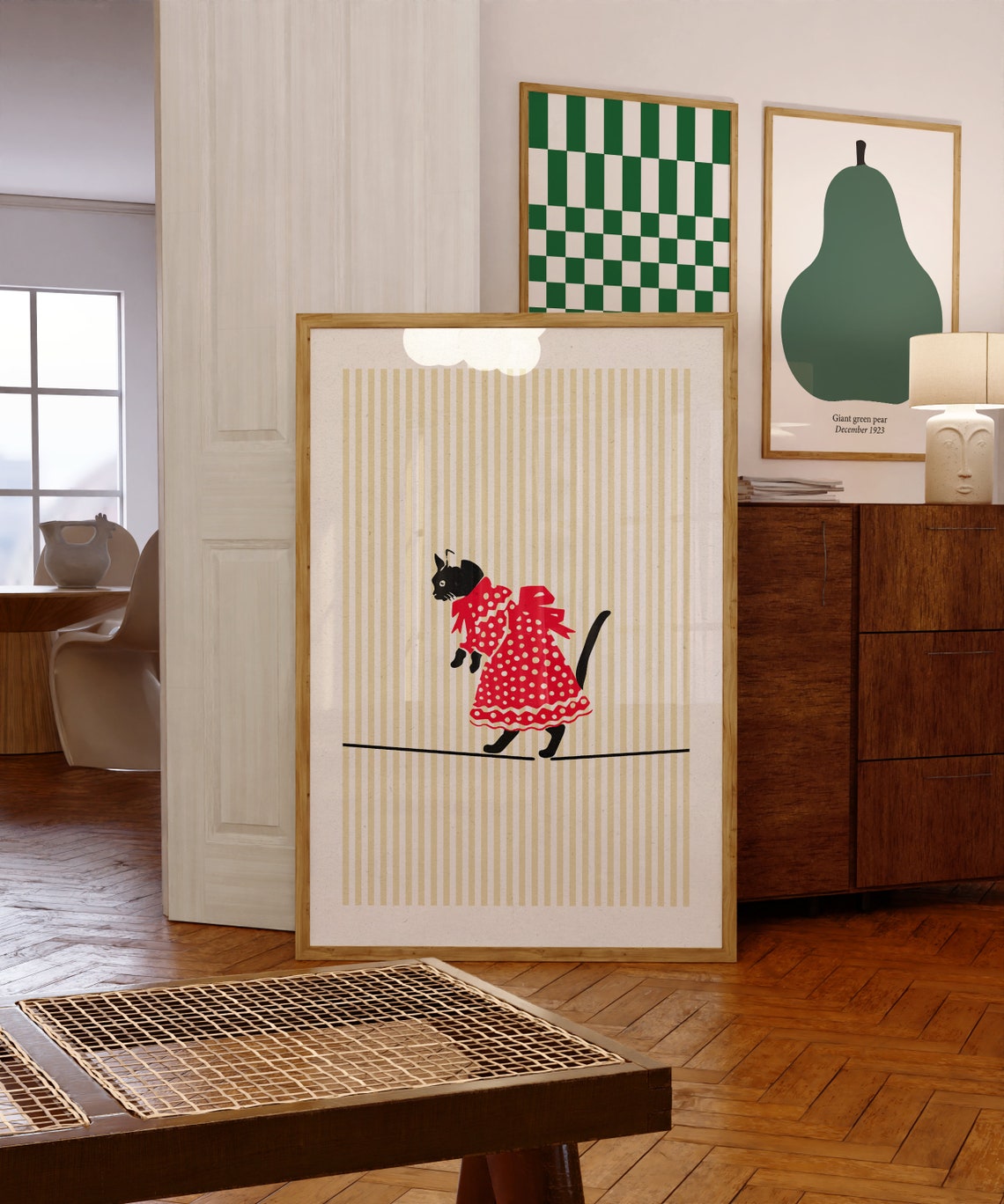 Black Cat in Red Polka Dot Dress Vintage Poster on Striped Ground - Image 2