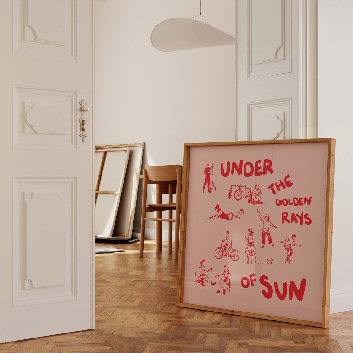 Under the Golden Rays of Sun Red on Pink Square Hand Drawn Summer Poster - Image 2