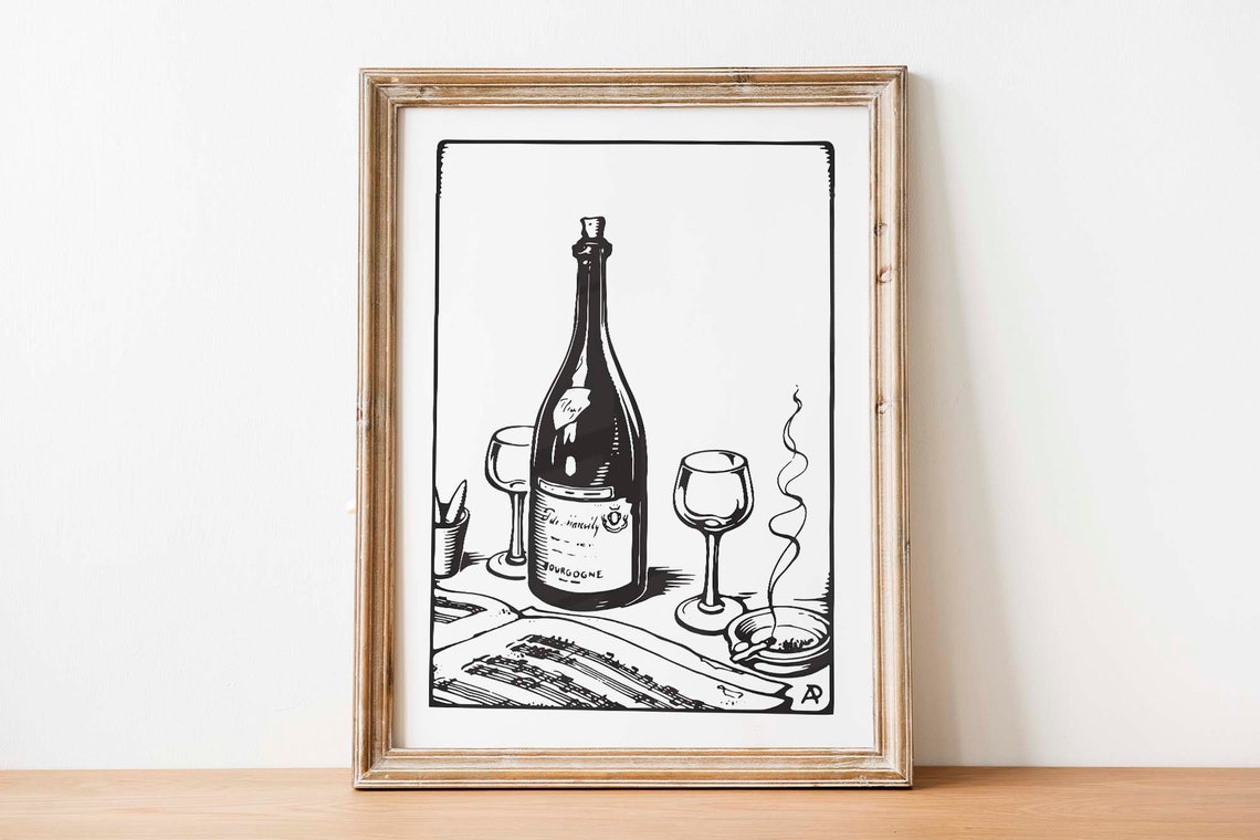 Vintage Wine Bottle Bourgogne Still Life Line Art Poster Wall Decor - Image 2