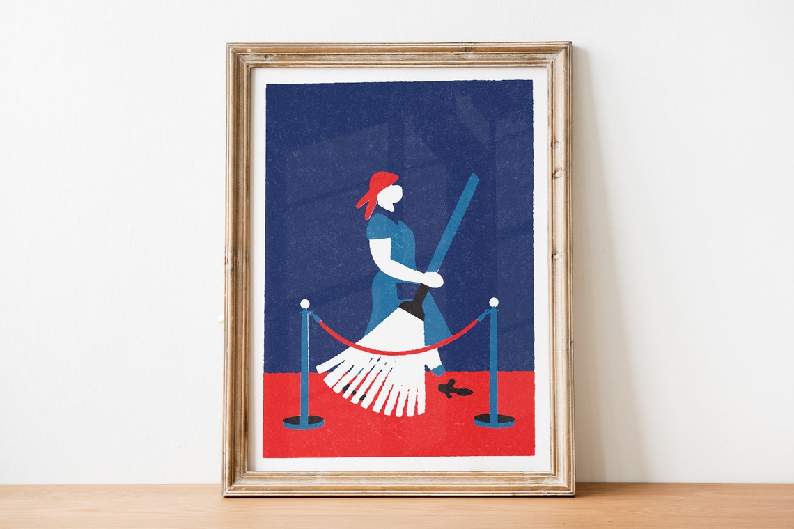 Bold Retro Pop Woman Sweeping Red Carpet Blue Red Art Poster - Image 3