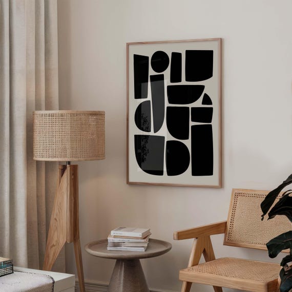 Black Beige Wall Art Geometric Shapes Organic Minimalist Mid Century Modern Abstract