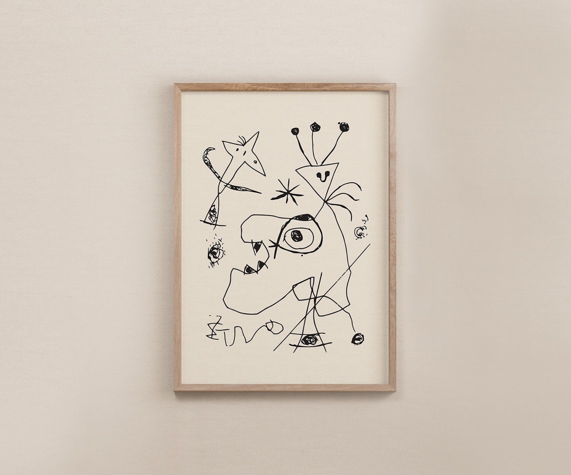Joan Miro Surrealist Black Ink Line Drawing Modern Abstract Art Poster - Image 2
