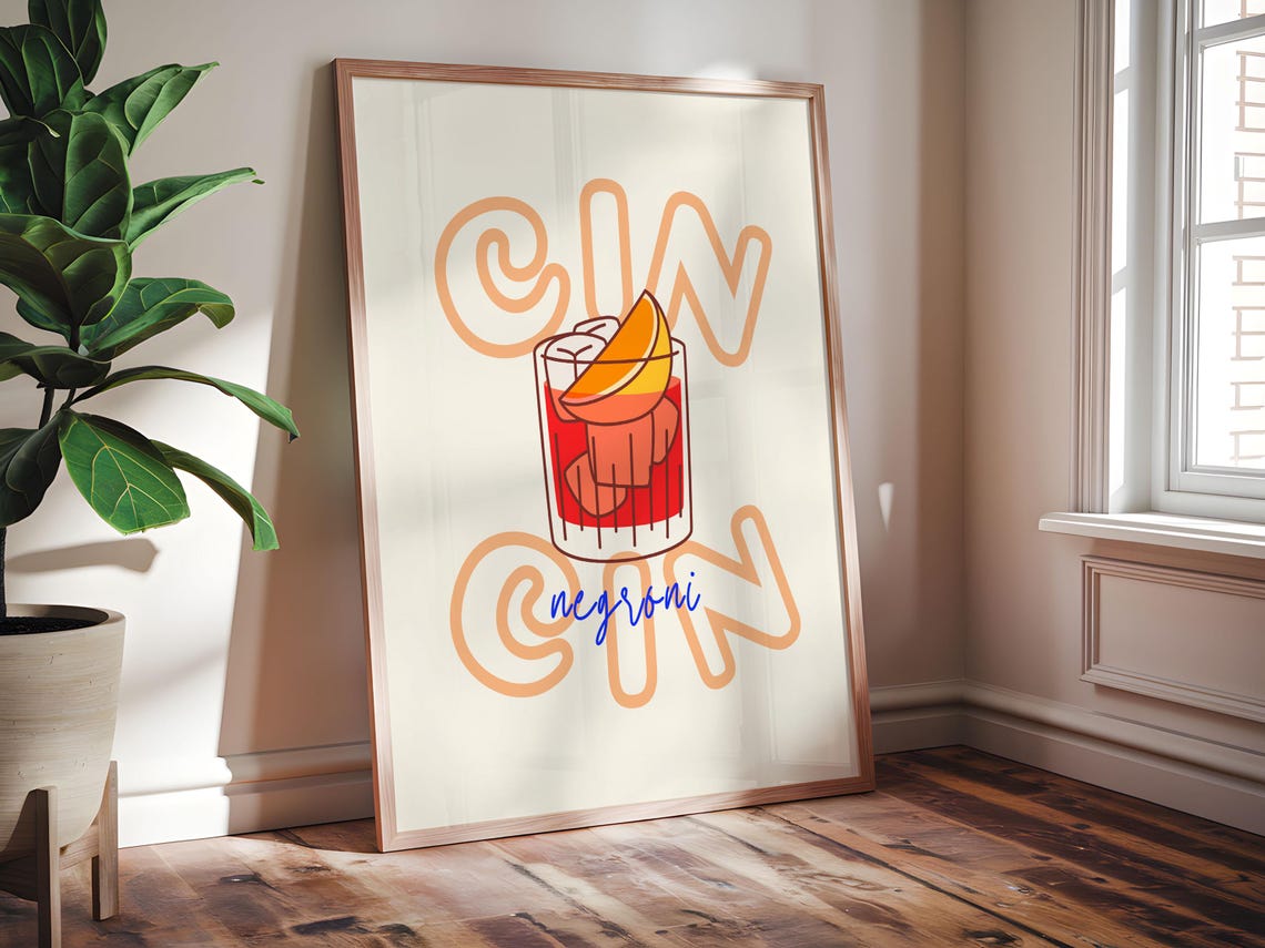 Cin Cin Negroni Cocktail Glass Orange Slice Retro Italian Bar Poster