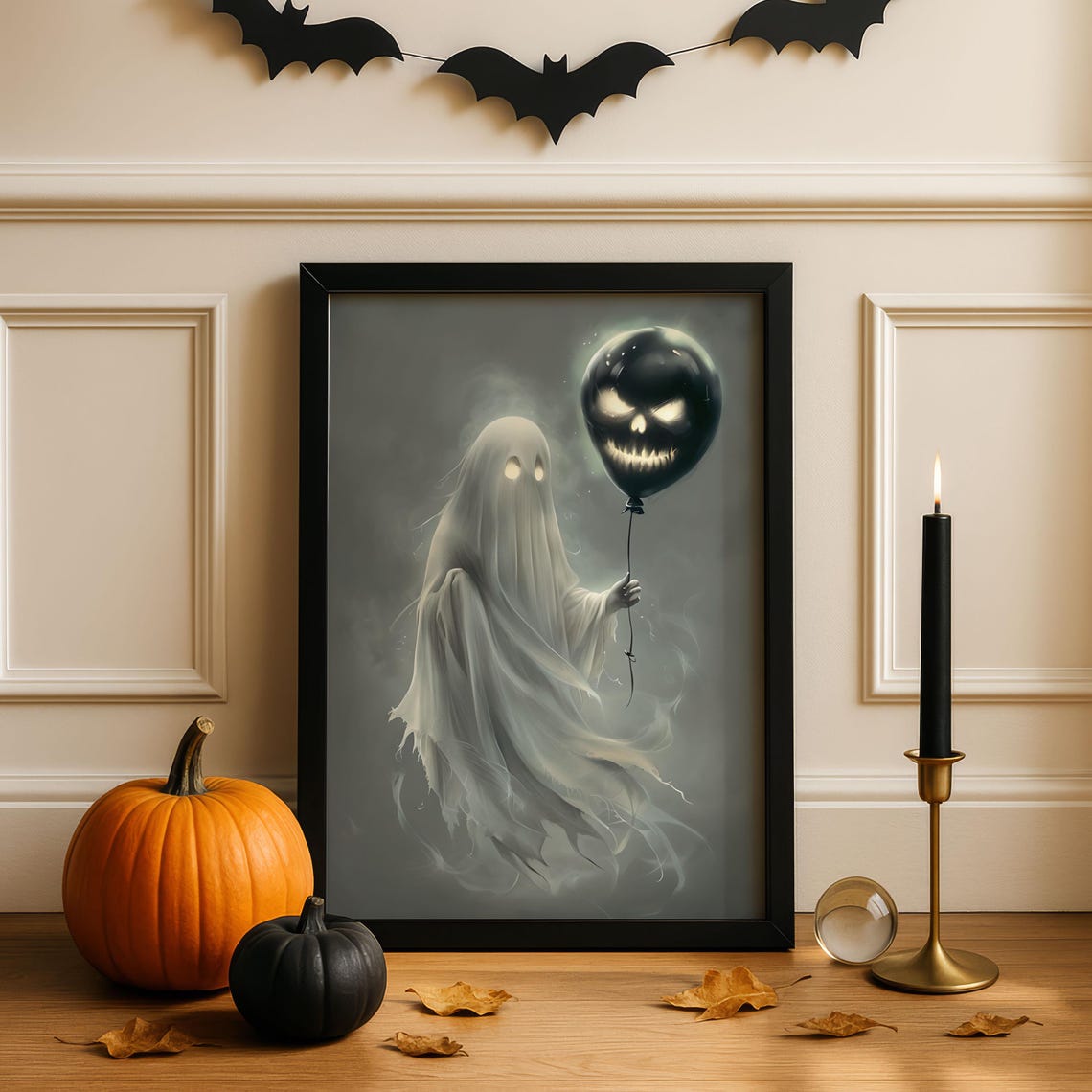 Cute Ghost Holding Jack O Lantern Balloon Spooky Halloween Art Poster