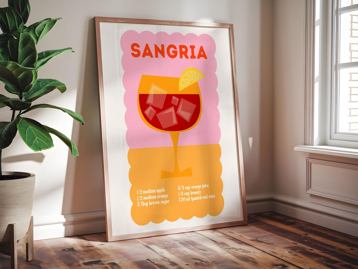 Sangria Recipe Retro Poster Wine Glass Pink Orange Spanish Kitchen Art