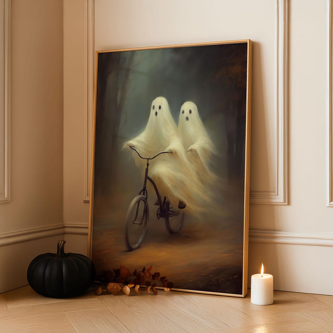 Vintage Halloween Ghosts On Bicycle Poster Framed Fall Decor