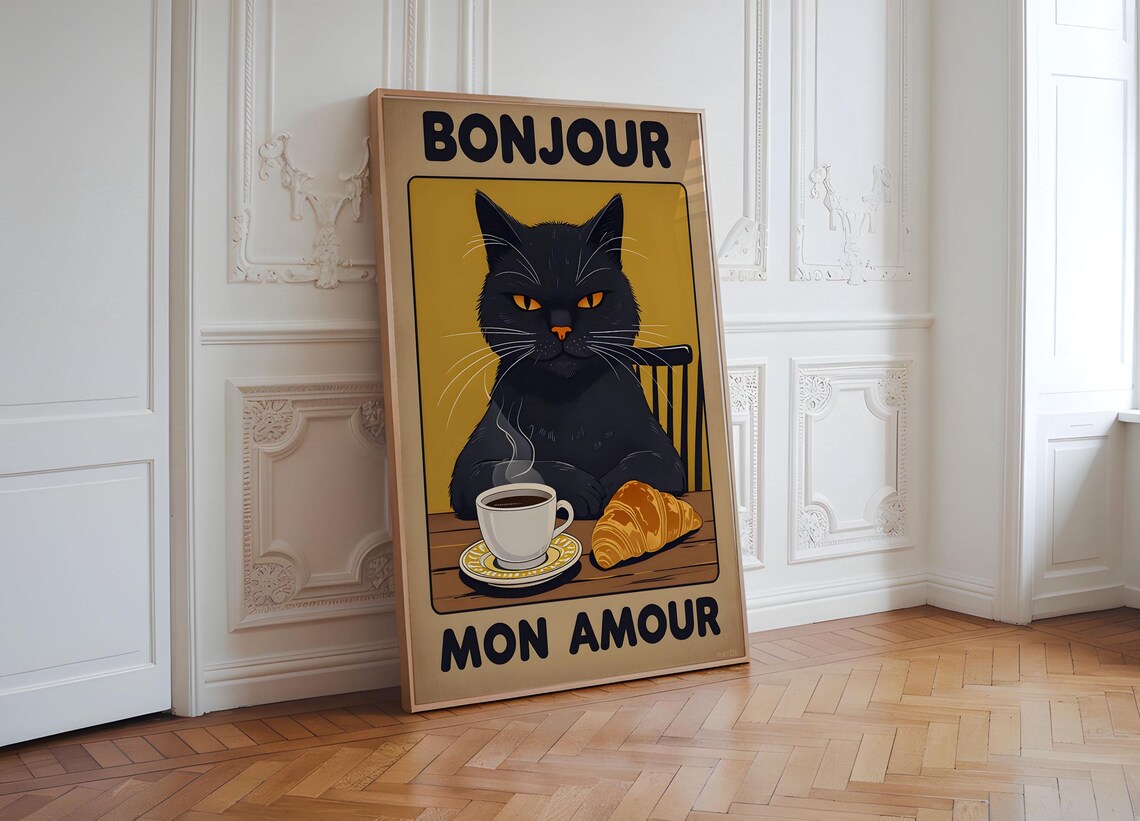 Bonjour Mon Amour Cat Portrait, Retro Style - Image 4