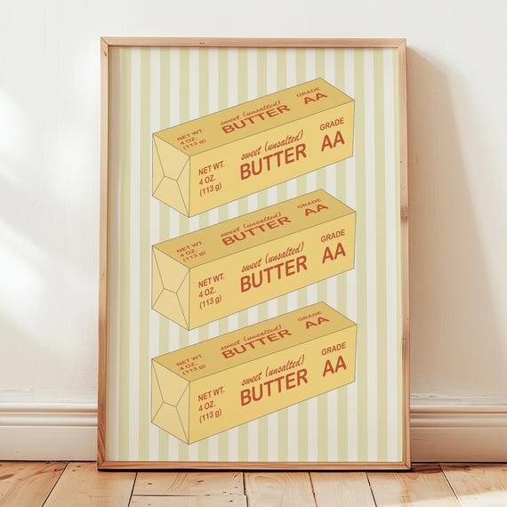 Retro Butter Print Trendy Kitchen Wall Art Striped Decor Food Illustration Farmhouse