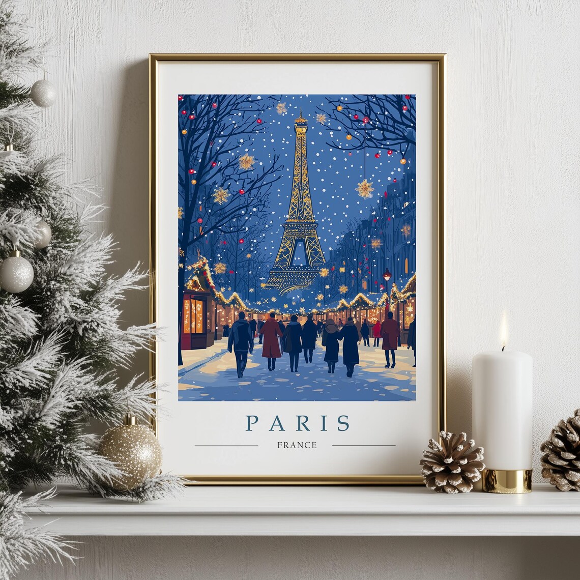 Paris France Christmas Night Market by the Eiffel Tower Poster