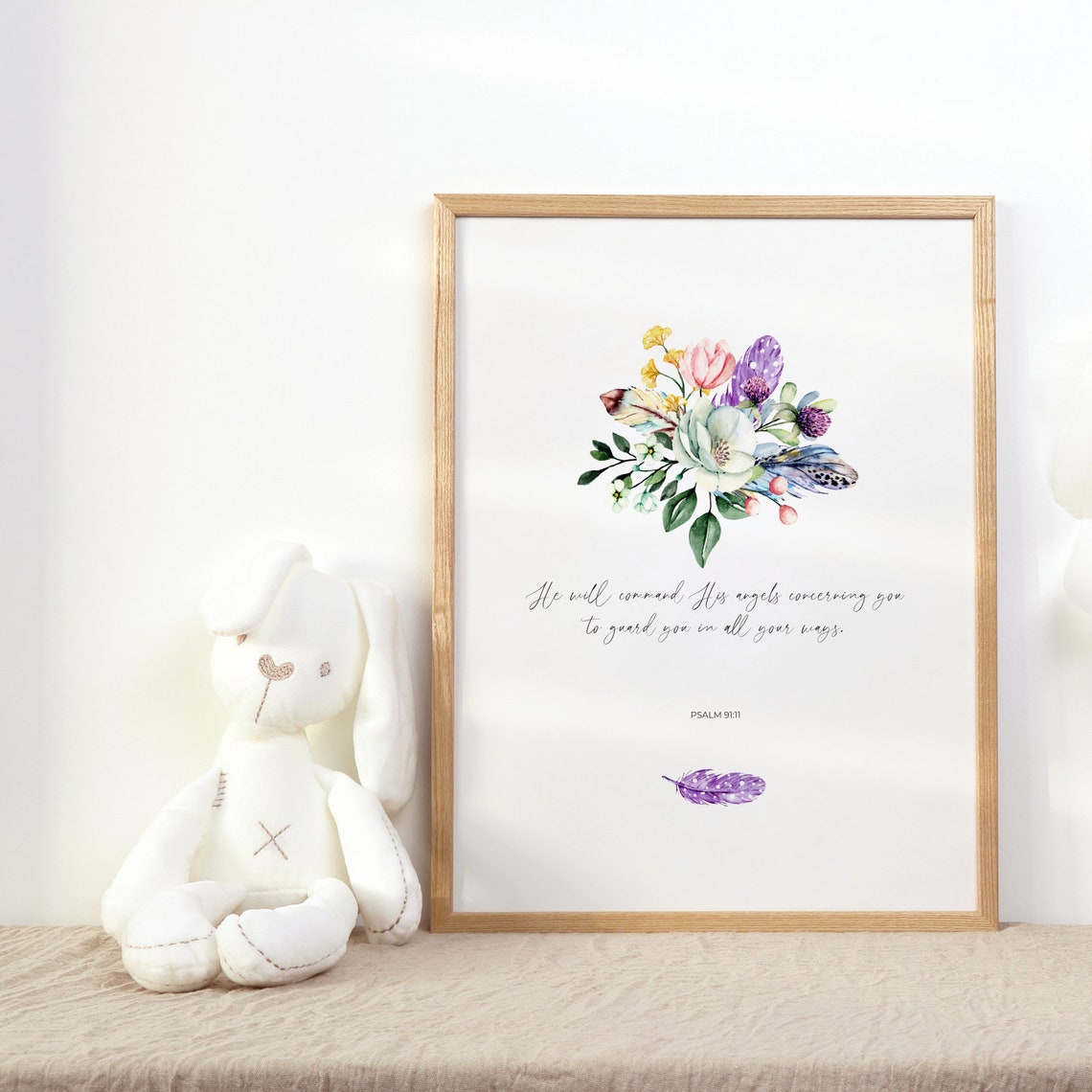 Psalm 9111 He Will Command His Angels Concerning You Watercolor Floral Christian Nursery Scripture Wall Art Bible Verse