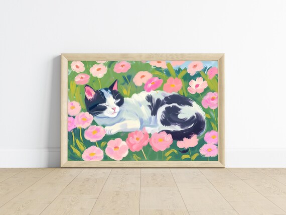 Black And White Cat Pink Pansy Flower Field Art Print