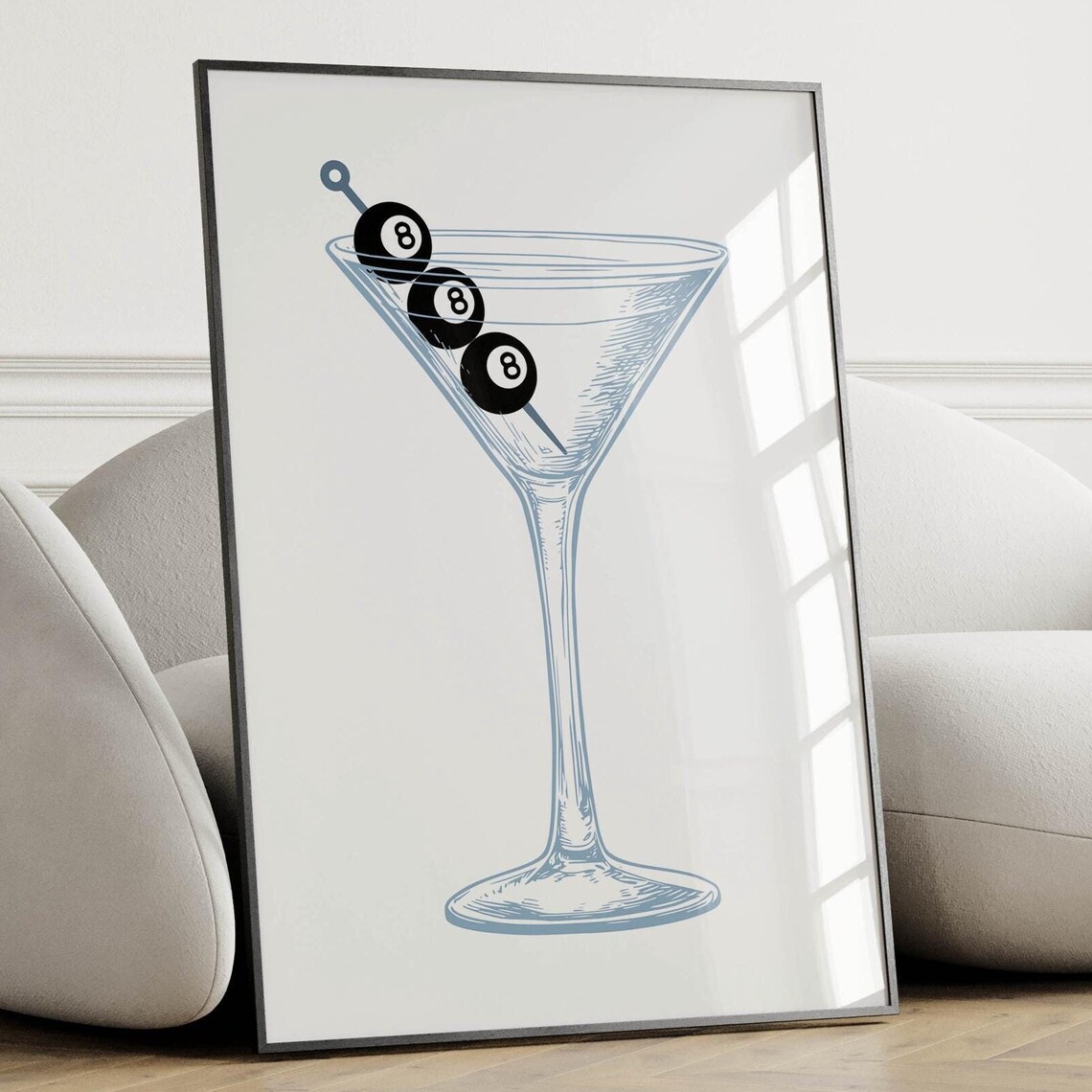 Tall Martini Glass with Eight Ball Olive Picks Blue Line Art Poster