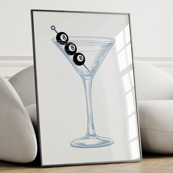 Tall Martini Glass with Eight Ball Olive Picks Blue Line Art Poster