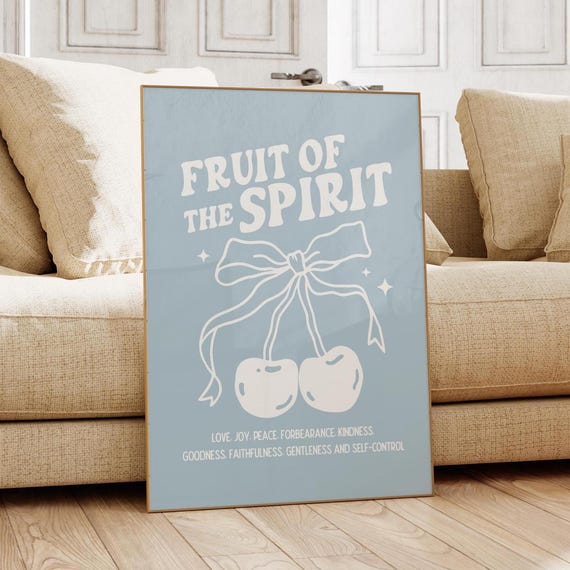Fruit Of The Spirit Galatians 522 Christian Bible Cherry Ribbon Bow Coquette Blue Wall Poster