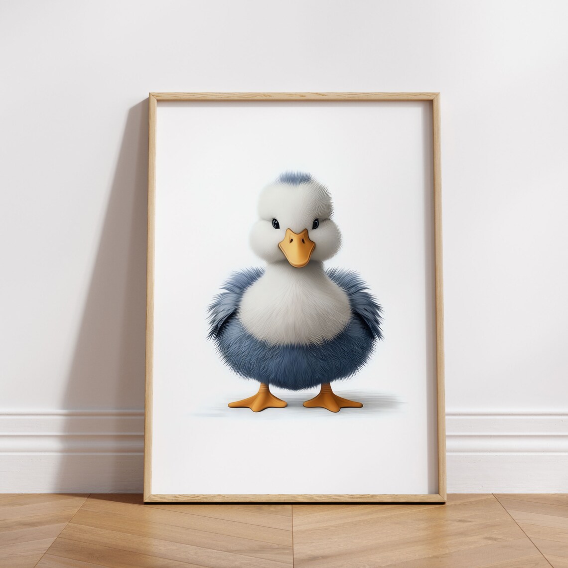 Adorable Fluffy Baby Duckling in Blue Gray Nursery Animal Poster