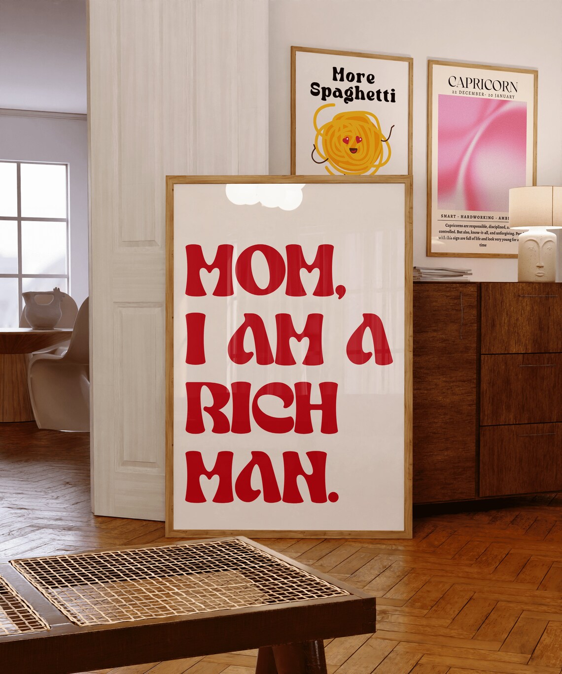 Mom I Am A Rich Man Quote Red Retro Typography Poster for Bold Room Decor