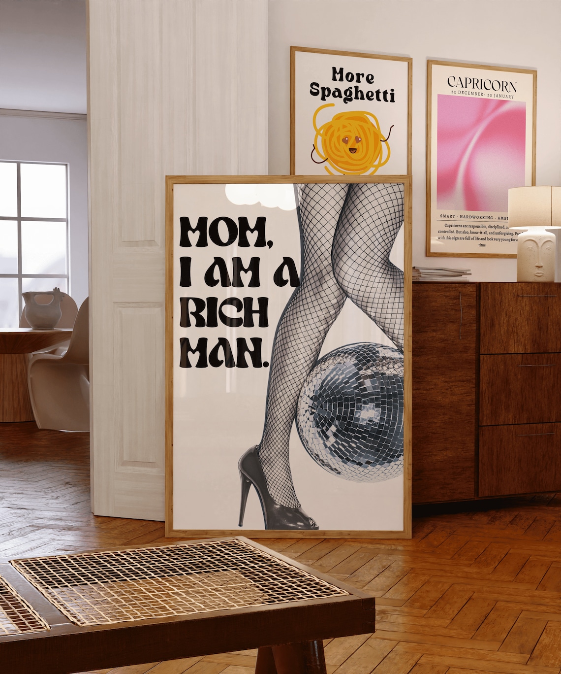 Mom I Am a Rich Man Disco Ball Feminist Retro Typography Poster