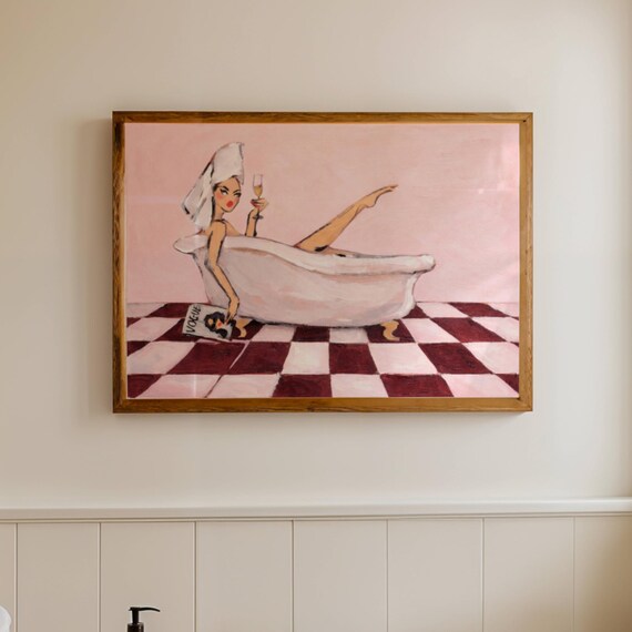 Woman In Bathtub Pink Ruby Oil Painting Print Horizontal Bathroom Wall Art Hand Drawn Mid Century Retro Poster Feminine Self Care Decor