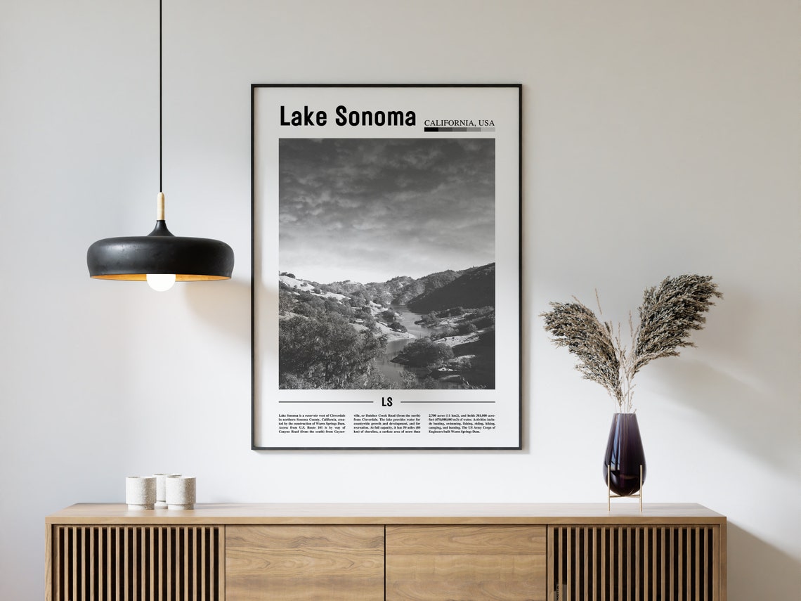 Lake Sonoma Poster Black And White Lake Sonoma Print Black And White Lake Sonoma Wall Art Minimal Travel Print Travel Poster - Image 4