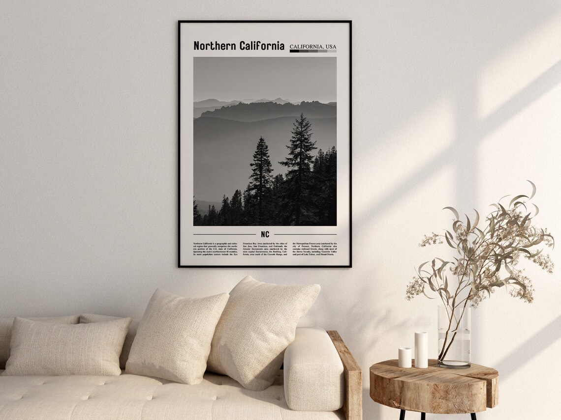 Northern California Poster Black And White Northern California Print Black And White Northern California Wall Art Minimal Travel Print - Image 2