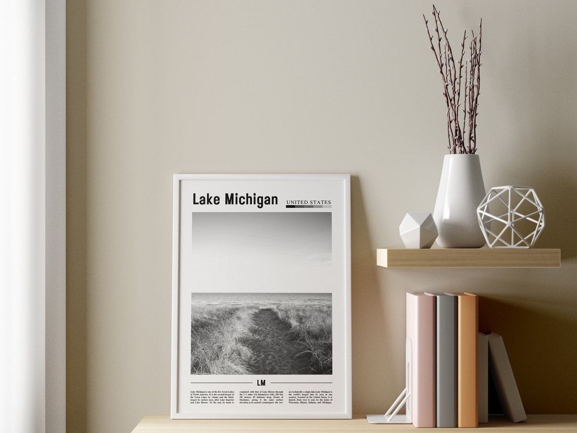 Lake Michigan Poster Black And White Lake Michigan Print Black And White Lake Michigan Wall Art Minimal Travel Print Travel Poster - Image 3