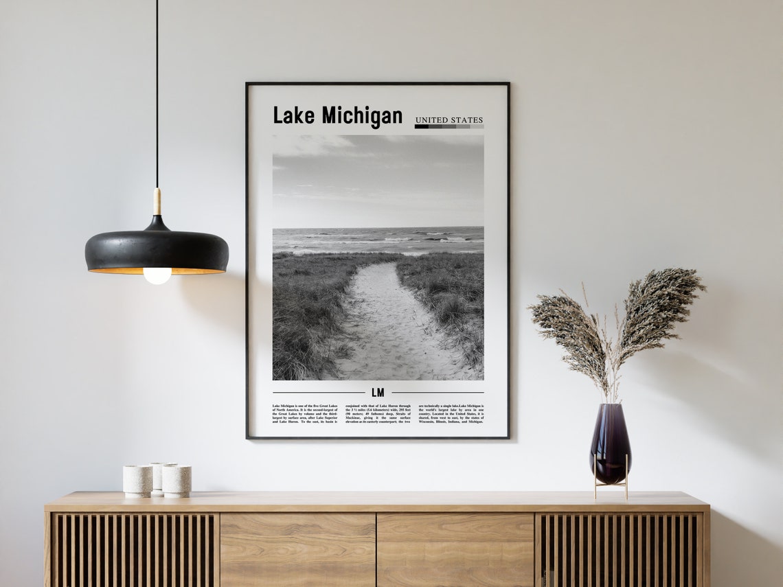 Lake Michigan Poster Black And White Lake Michigan Print Black And White Lake Michigan Wall Art Minimal Travel Print Travel Poster - Image 4