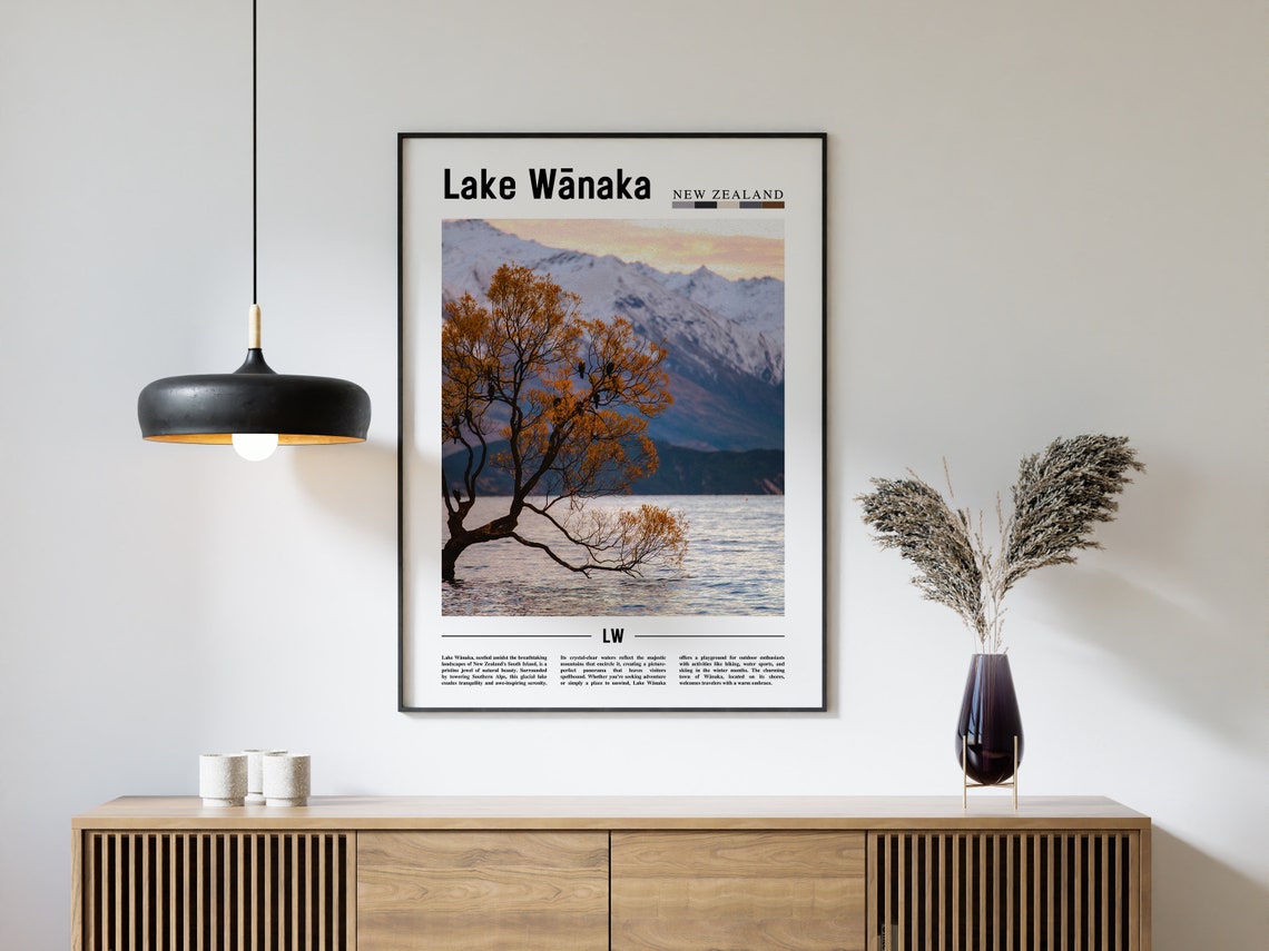 Lake Wnaka Poster Lake Wnaka Print Lake Wnaka Wall Art Minimal Travel Print Travel Destination Oil Painting Poster - Image 4