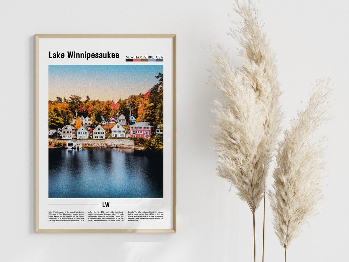 Lake Winnipesaukee Poster Lake Winnipesaukee Print Lake Winnipesaukee Wall Art Minimal Travel Print Oil Painting Poster - Image 3