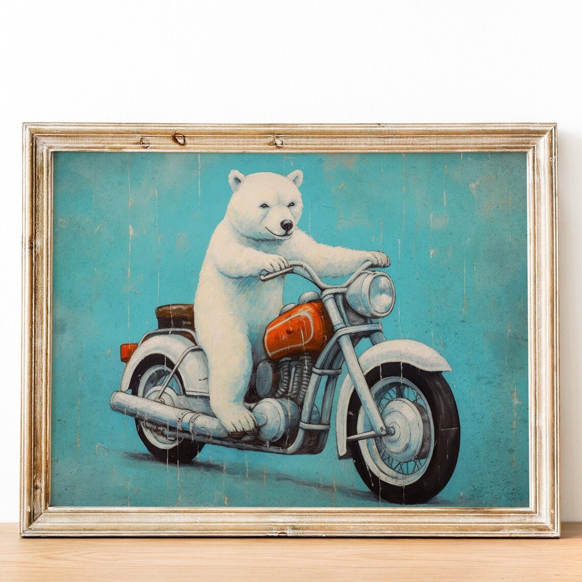 Polar Bear Riding Red Motorcycle Poster Fun Retro Kids Room Decor Art - Image 3