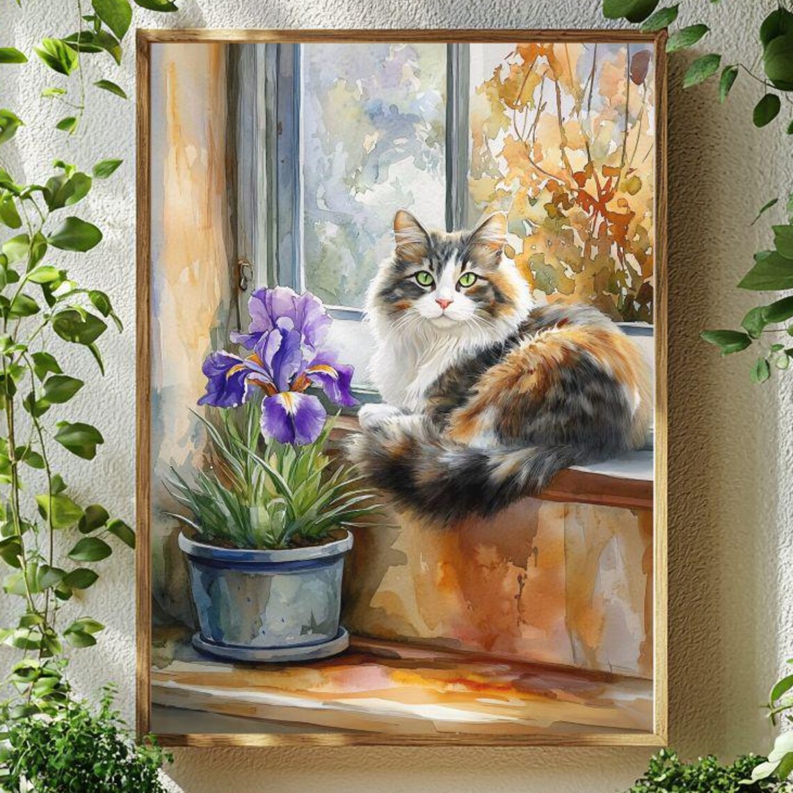 Calico Cat and Purple Iris Poster, Floral Feline
