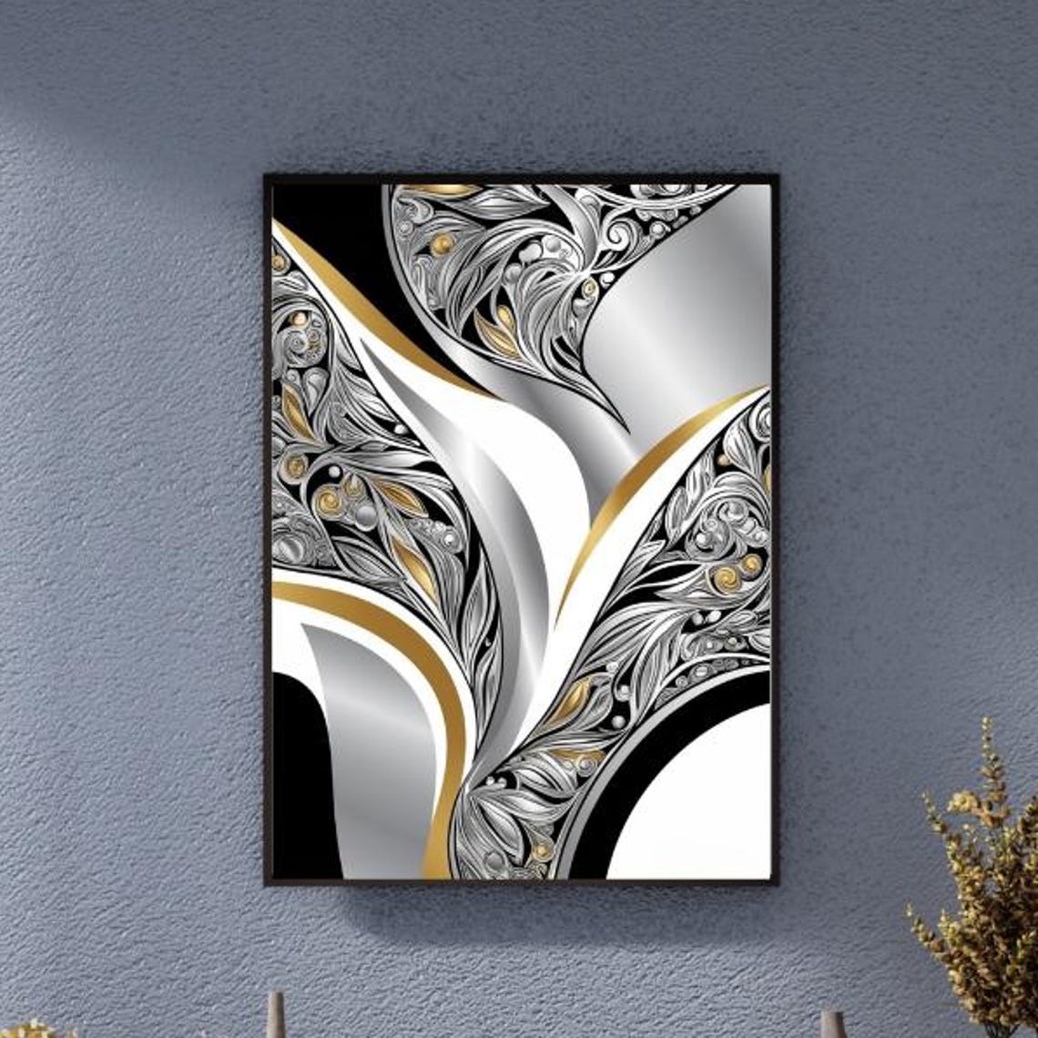 Black Silver Gold Abstract Flowing Paisley Diagonal Art Poster