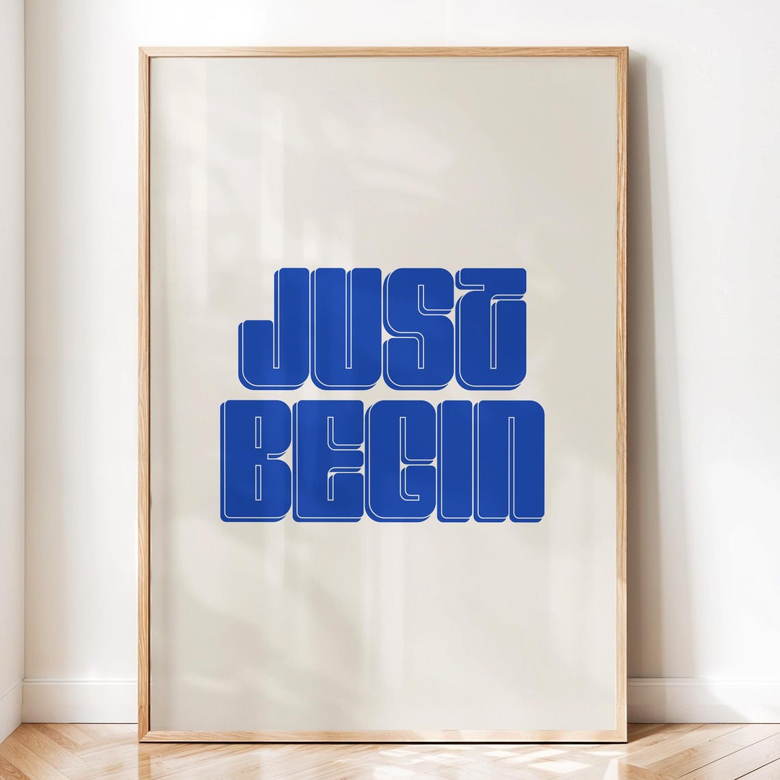 Just Begin Retro Print Minimalist Beige Blue Motivational Art