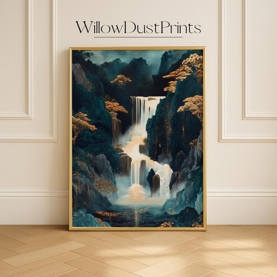 Moonlit Japanese Waterfall Dark Cliffs Gold Trees Serene Zen Poster