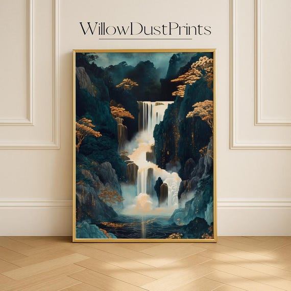 Hokusai Wall Art Japanese Waterfall Poster Zen Nature Landscape Japandi Wabi Sabi Decor Green Gift