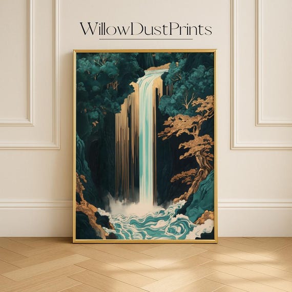 Zen Home Decor Japandi Art Instant Downloadhokusai Style Wall Japanese Waterfall Print Blue Green Gift